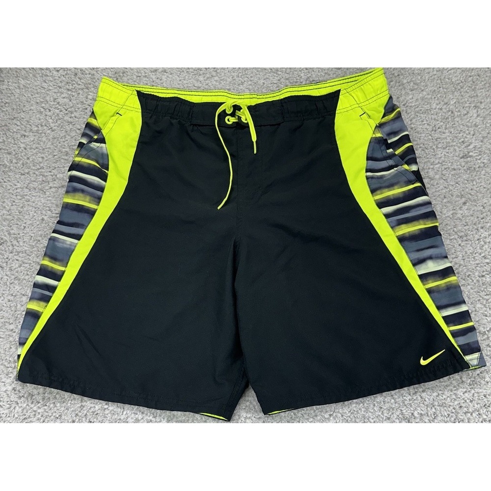 Nike Swim Trunks Mens Adult Medium Black Yellow Drawstring‎ Bathing Suit Shorts